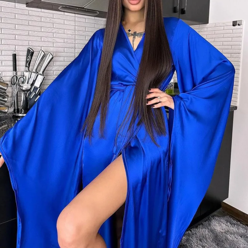 2025 Sexy de cintura alta Split mujeres Abayas elegante con cordones Casual cómodo fiesta Dreeses Vestidos Mujer manga larga bata suelta