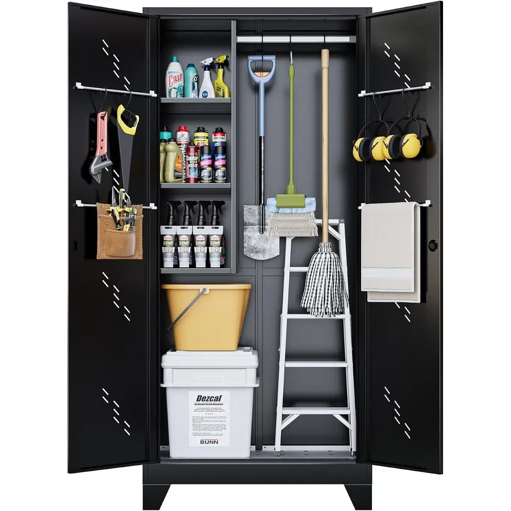 75 Tall Garage Cabinet with Hanging Rod, Broom Closet/Freestanding Bathroom Storage Cabinet, Cleaning Tool Storage