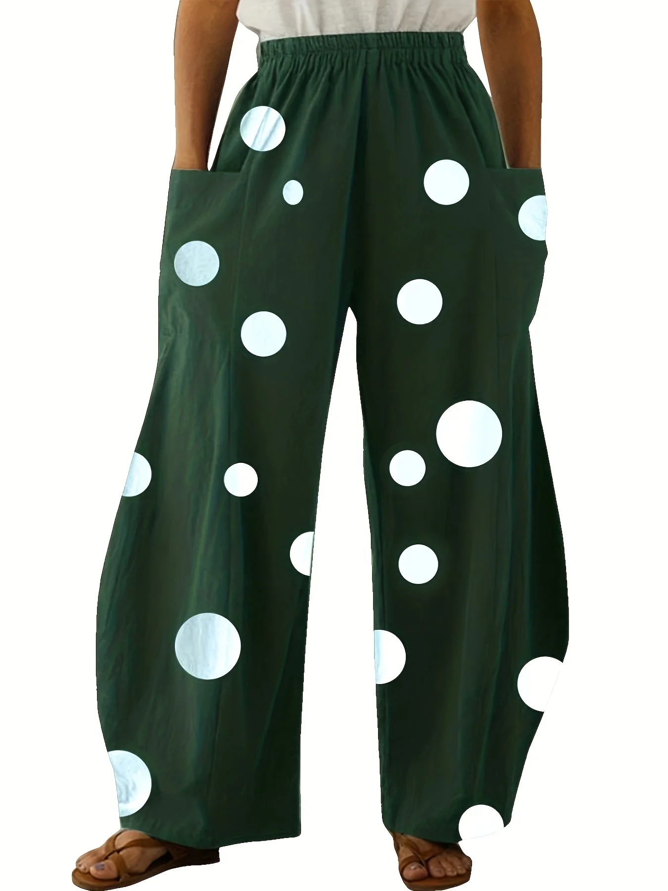 Women's Casual Pants Polka Dot Print High Waist Wide Leg Pants Pockets Women's Plus Size Loose Fashionable Sports Wide Leg Pants