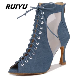 Latin Dance Shoes Women's Salsa Tango Ballroom Party Women's Shoes Complexion Blue Heeled Dance Boots Fish Mouth Sandals Outdoor