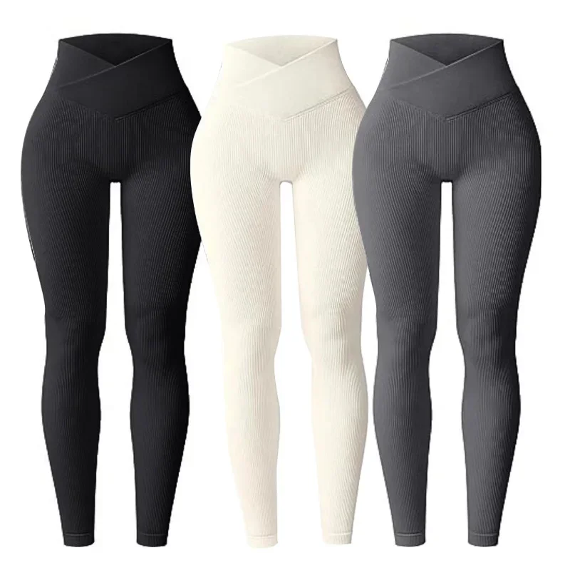 Yoga-Leggings für Damen, schmal geschnitten, lässige Leggings, nahtlos, hohe Taille, Yoga-Leggings, geripptes Muster, einfarbig, lang, für Damen