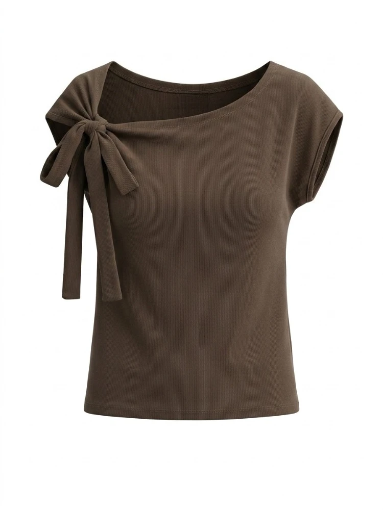 2026 Summer New Women's T-Shirt Fashion Short Sleeve Bow Detail Casual Versatile Tops for Women Korean Style Solid Sexy Tee