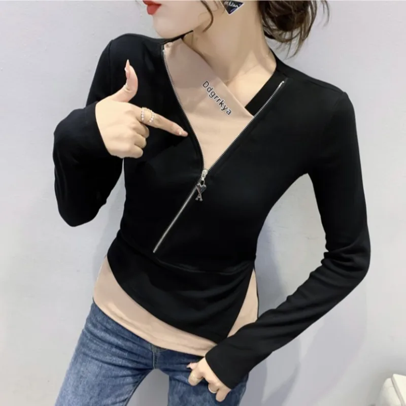 #7943 Spring Autumn Long Sleeve T Shirt Women Spliced Color Short T Shirt Asymmetrical Collar Tight False Two Piece T-shirt Slim