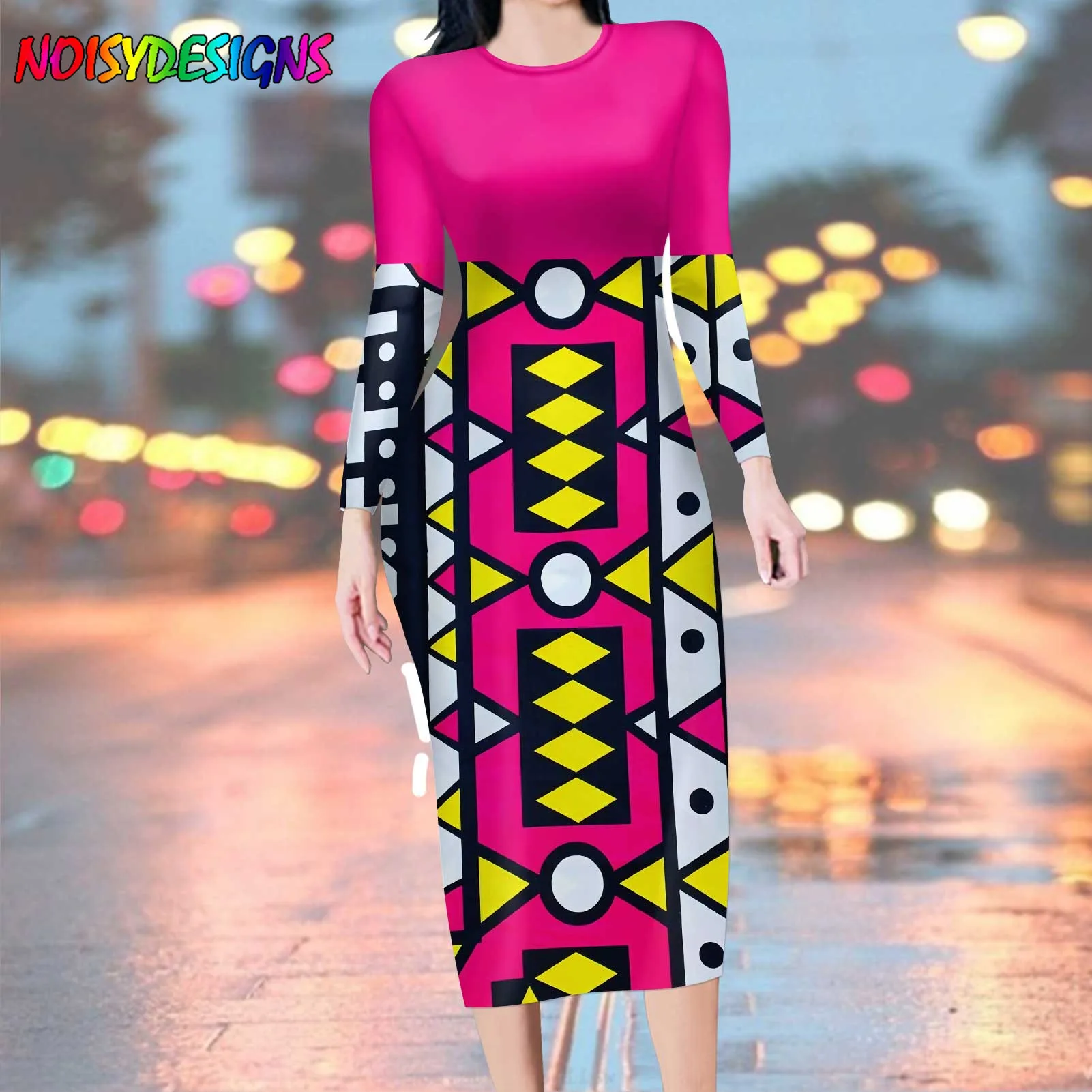 NOISYDESIGNS ankara african printing long sleeve slim bodycon sexy dress 2024 autumn women streetwear party dresses outfits