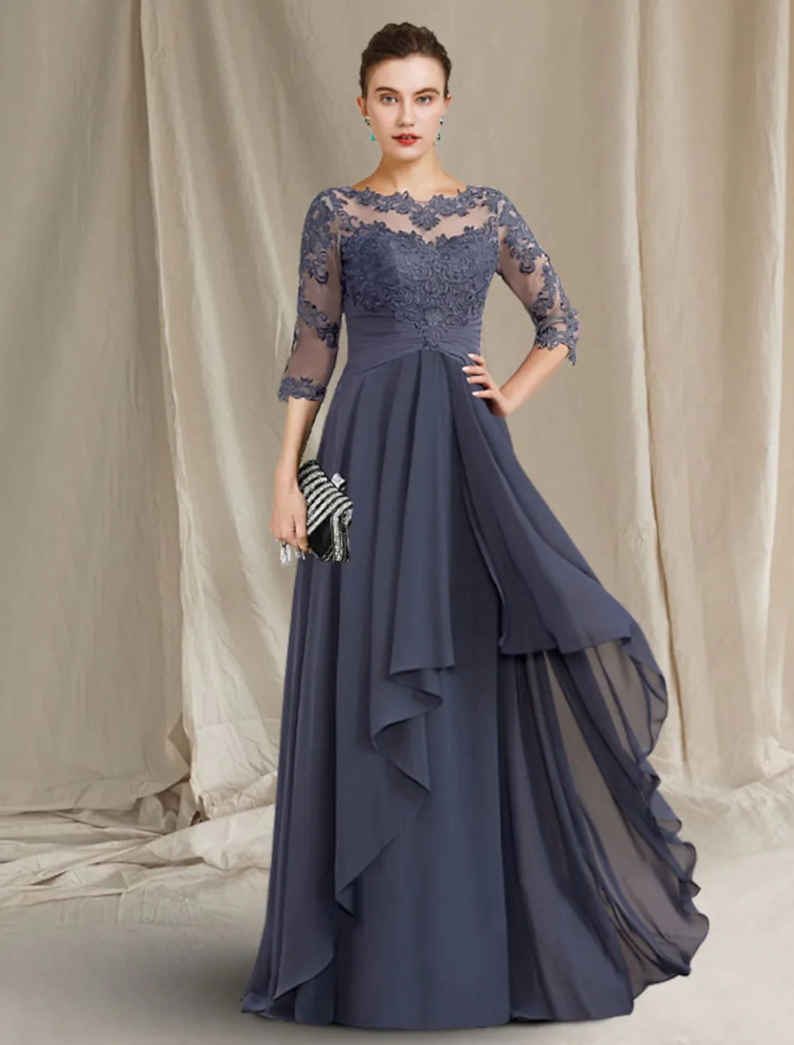 

A-Line Mother of the Bride Dress Plus Size Elegant Jewel Neck Floor Chiffon Lace 3/4 Length Sleeve with Pleats Ruched