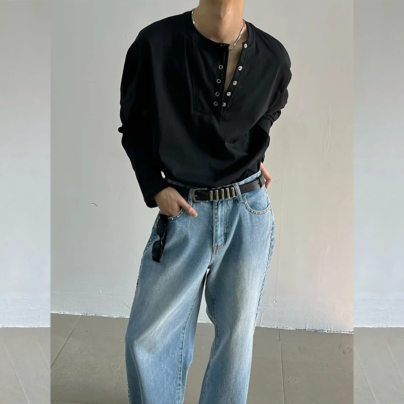 Fall Winter Collapsible O Neck Button Men Long Sleeve Sweatshirt Fashion All-match Casual Loose T Shirt Black White Khaki Unisex