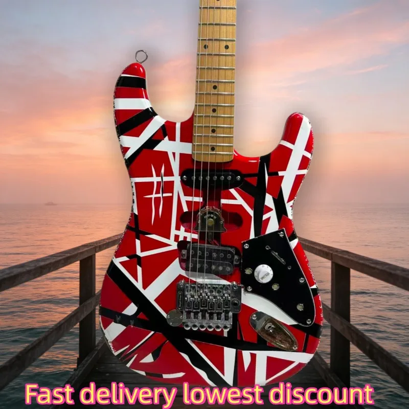 STX Electric Guitar Red Black White Abstract Graphic SH Pickups Double Tremolo Hard Rock Metal Stage Performance Guitar Unisex