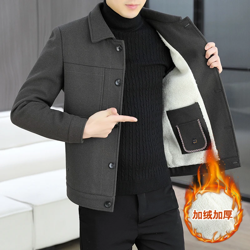 Brand Winter Woolen Jackets Men Thick Warm Lamb Wool Short Trench Coat Solid Color Versatile Casual Business Social Overcoat