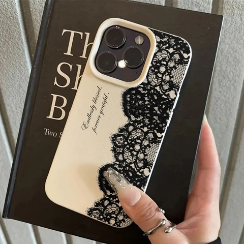 Чехол для телефона с черным кружевным узором «Личи» для iPhone 17, 17 Air, 16E, 15, 14, 13, 11, 12, 16 Pro Max, противоударный, мягкий