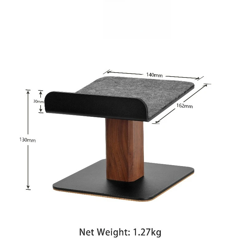 The speaker stand is suitable for supporting desktop speaker devices and is made of walnut and stainless steel