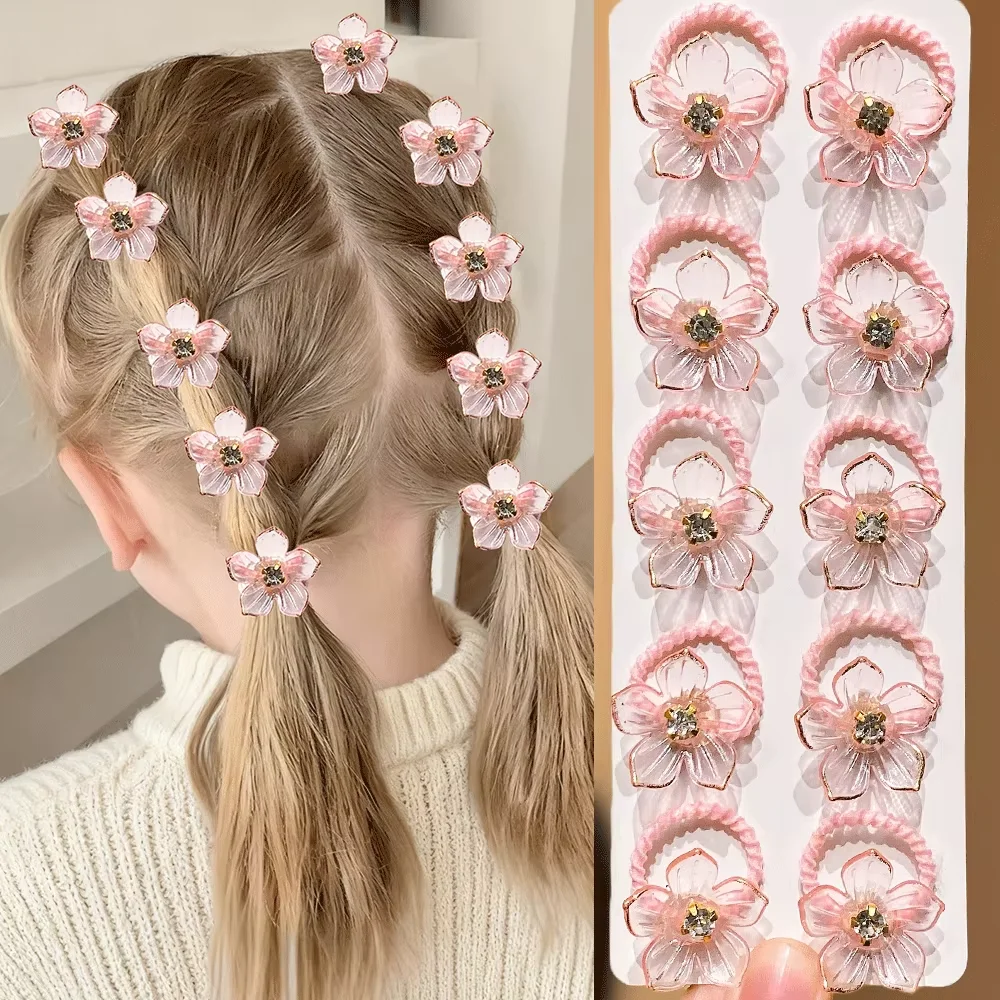 10 peças de faixas elásticas para cabelo de meninas com decorações de strass e flores, alta elasticidade, duráveis, para atividades ao ar livre e tranças.