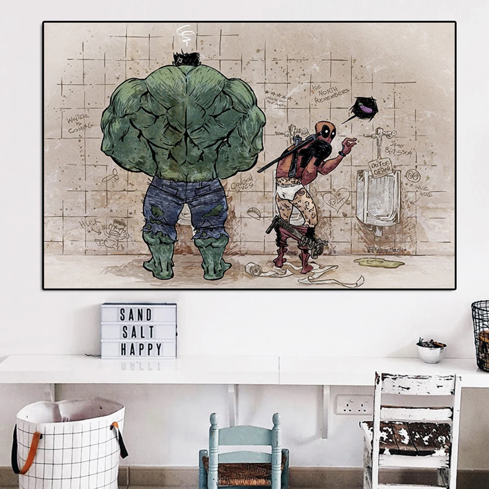 Pintura en lienzo de superhéroe divertido para decoración de pared de baño, póster de Spiderman, Hulk, Thor en el inodoro, imagen de decoración de