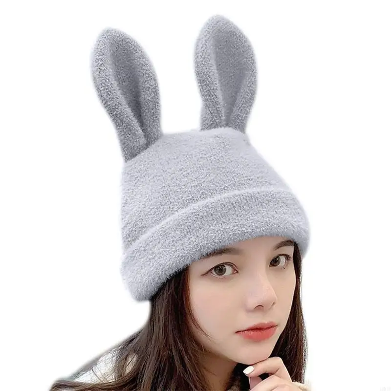 Bonnets tricotés pour femmes, Harajuku, Skullies, chapeau mignon, oreilles lapin, mode chaud épais, couleur unie, crâne