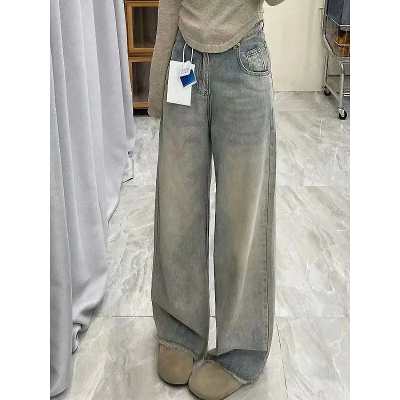 

Womens Jeans High Waist Loose Vintage American Retro Frayed Straight Leg Spring Summer Slim Wide Leg Floor Length Trousers