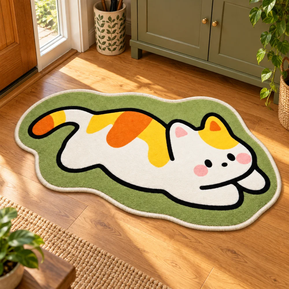 Cute Calico Cat Shaped Flannel Rug, Creative Animal Irregular Area Floor Mat for Bedroom Living Room Entryway Home Decor Gift