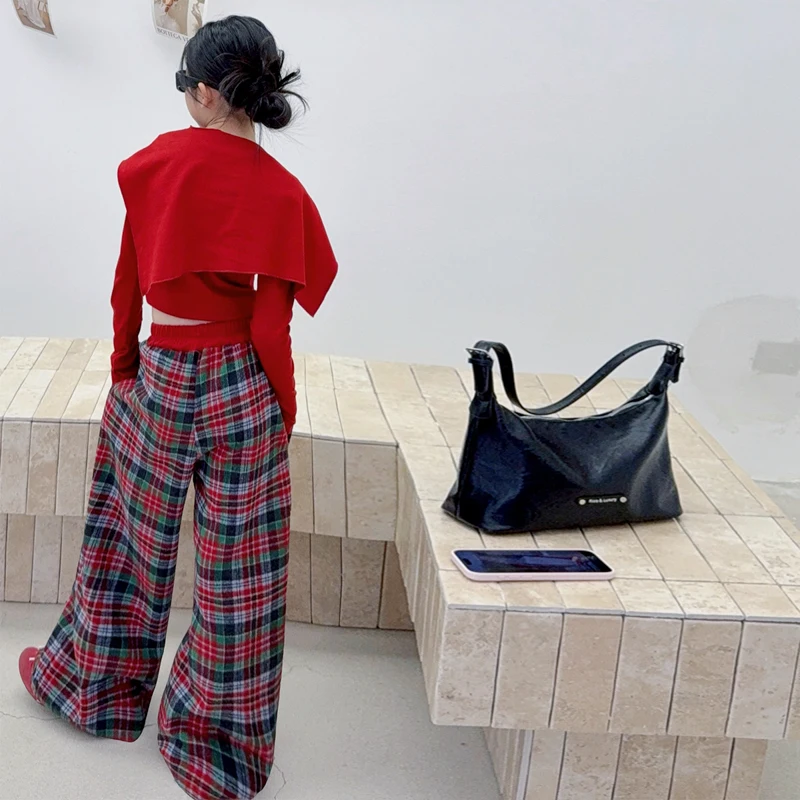 Spring Girl Red Knitted Suit Students Outerwear Round Neck Long Selves Sweater+Plaid Pants Length Kids Fashion Y2K 2000s Clothes