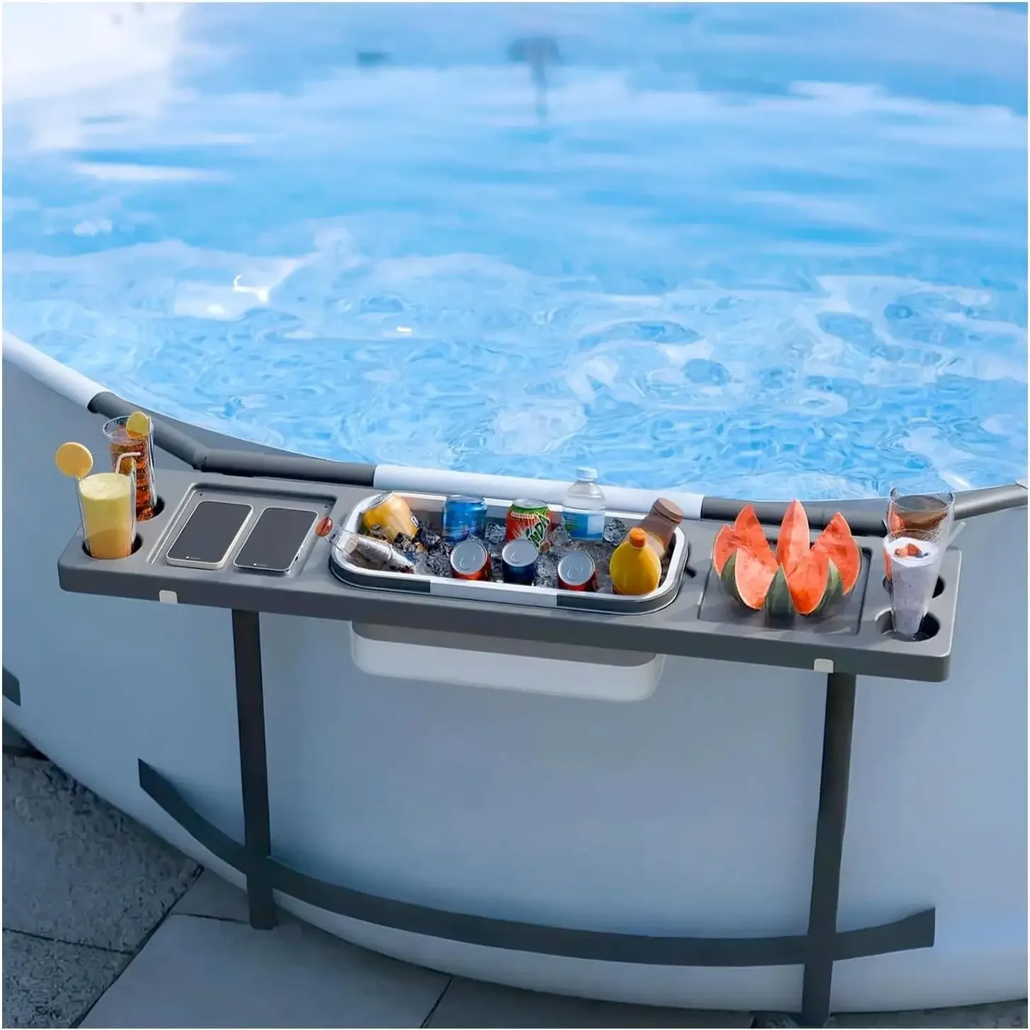 

Above Ground Pool Side Bar Table, 2 in1 Poolside Drink Holder with 4 Cup Holders, Fit for Round/Oval Frame Above Ground