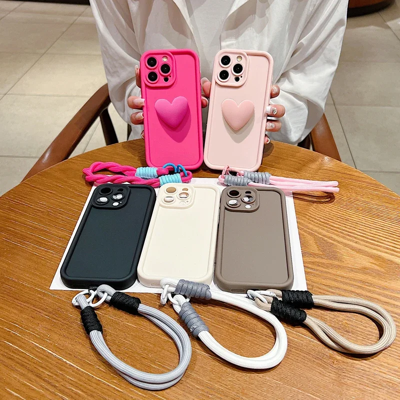 3D Love Heart Matte Soft Lanyard Rope Phone Case For Xiaomi Mi 14 13 12 11 Lite 14T 13T 12T Pro Poco X6 X5 F5 X3 M6 Pro 4G Cover - Image 6