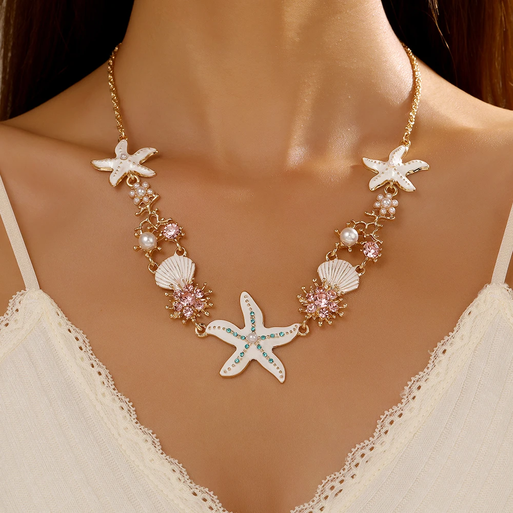 

Exaggerated Metal Big Starfish Shell Pendant Necklace for Women Vintage Glazed Colorful Sea Star Pearl Necklace Beach Jewelry