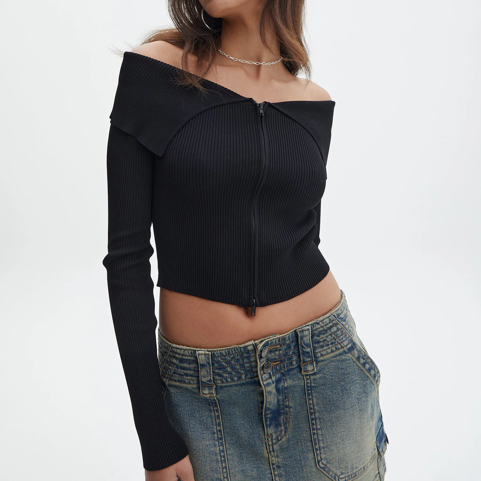 

Womens Elegant Knit Sweaters Off Shoulder Sweater Trendy Slim Fit Solid Color Knit Crop Tops Grunge Long Sleeve Zipper Pullovers