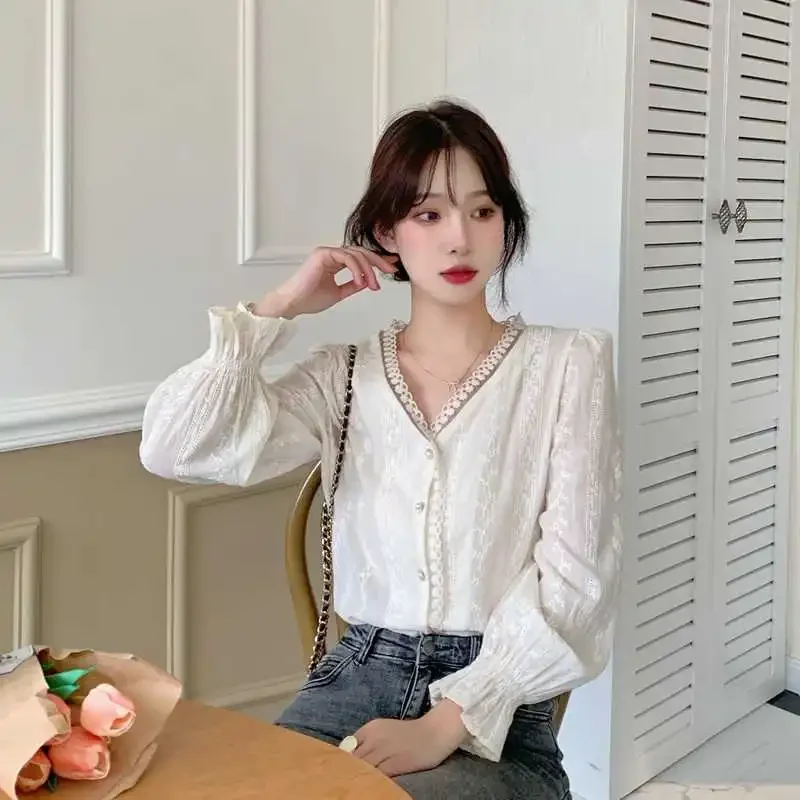 Flare Sleeve Shirt Women Рубашка Женская Office Lady Lace Patchwork New Design Korean Fashion V-neck Elegant Casual Simple Ins