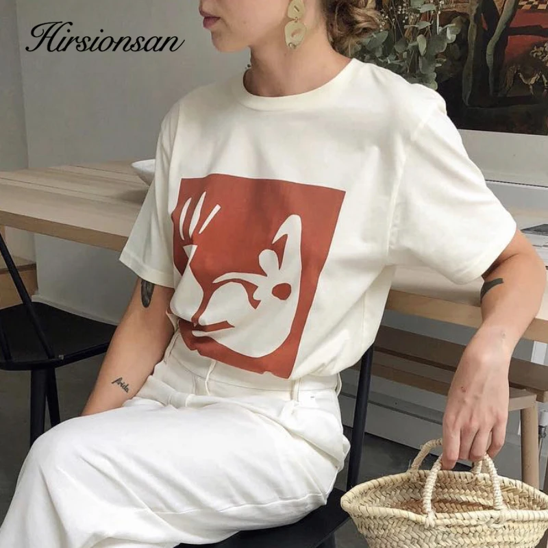 Hirsionsan Githic Print T Shirt Women 2023 New Summer Chic Tees 100% Cotton Vintage Jumper Clothes Oversized Casual Pullover Top