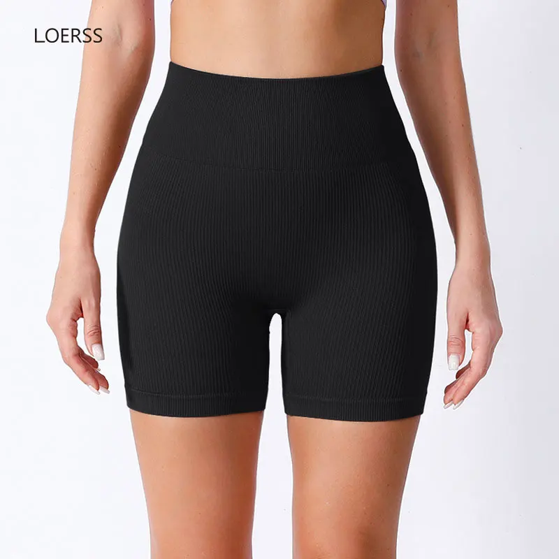 LOERSS Women\'s 2 Piece Yoga Shorts Seamless Ribbed High Waist Cross Over Athletic Leggings Workout Cycling Fitness Sports Shorts