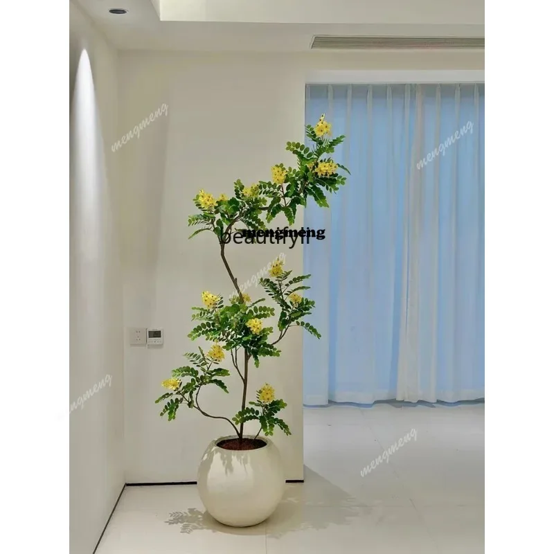 Golden tree simulation green plant indoor living room bionic fake tree high-end flower large floor-to-ceiling potted plantN