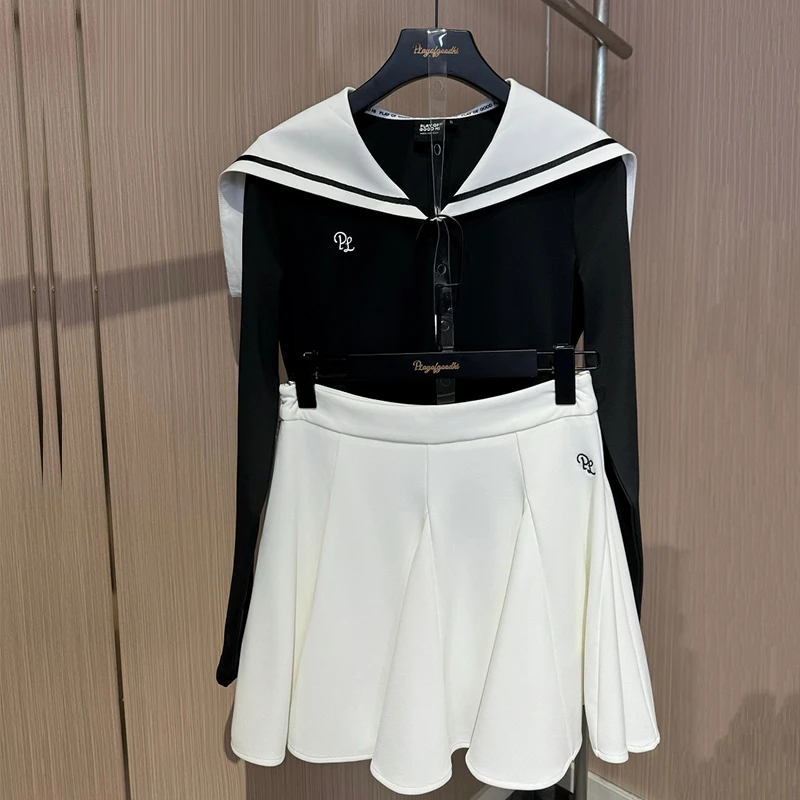 

PL Новые женские спортивные топы для гольфа, весенне-осенние рубашки с матросским воротником и длинными рукавами, женские плиссированные юбки с высокой талией, шорты для гольфа с рюшами