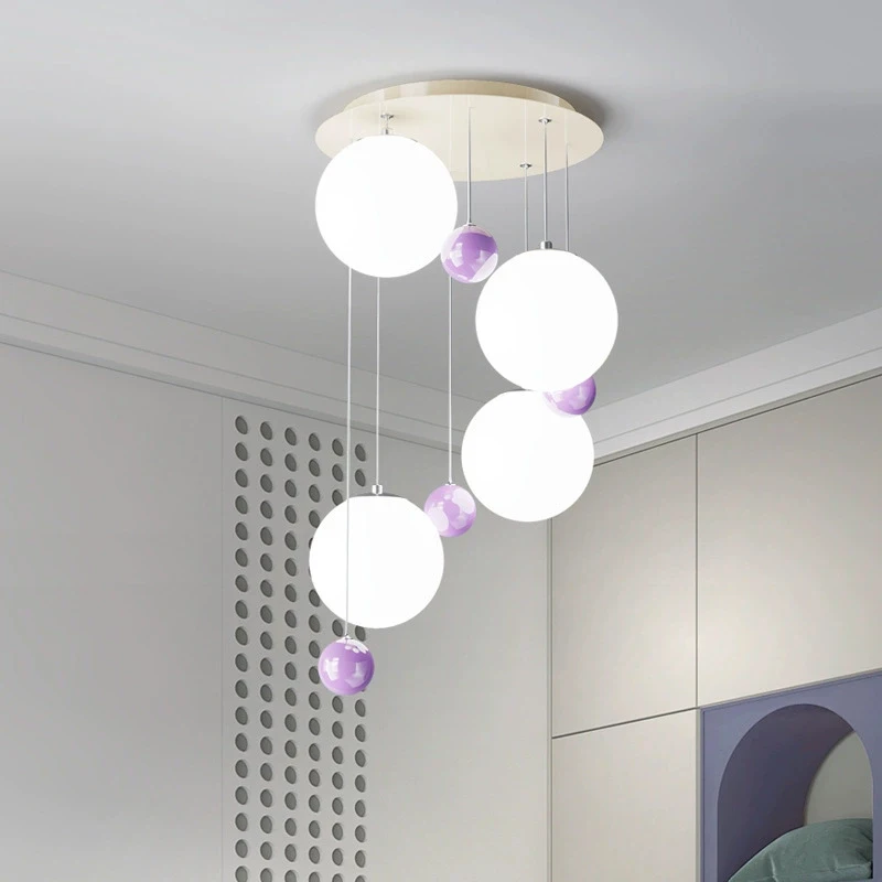 

Children's Room Glass Bubble Ball Chandelier Purple Pink Glass Ball Lamps Cream Style Warm Baby Room Boy Girl Bedroom Chandelier