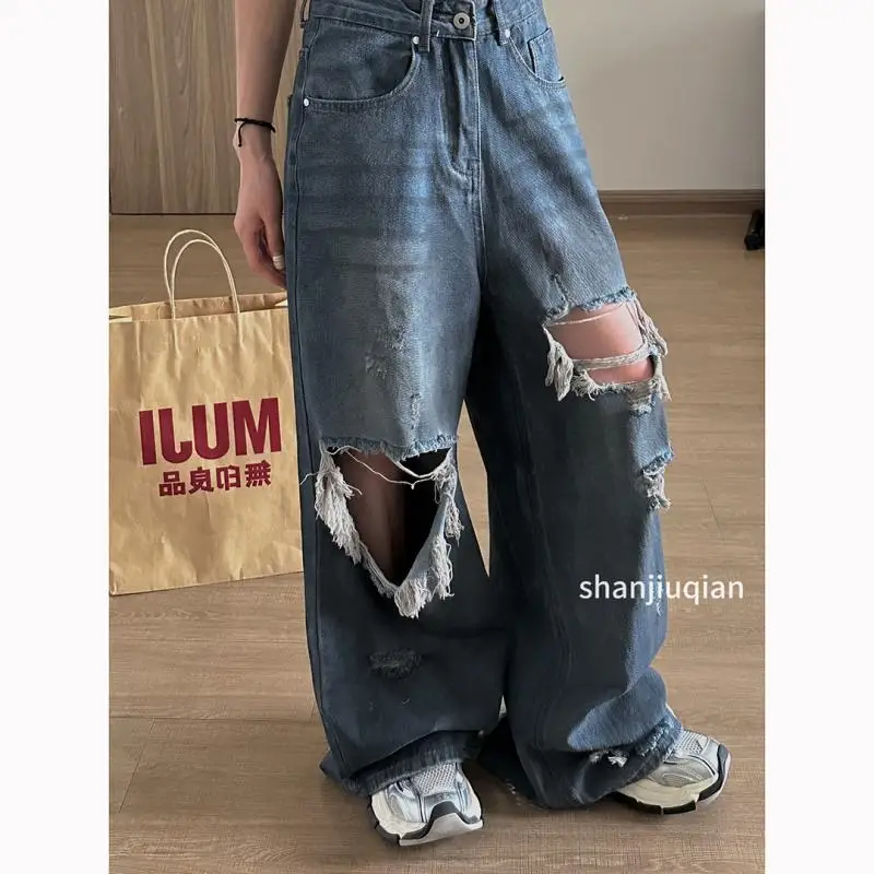 

American retro washed straight leg distressed jeans for men and women summer hip-hop street style personality loose casual pants