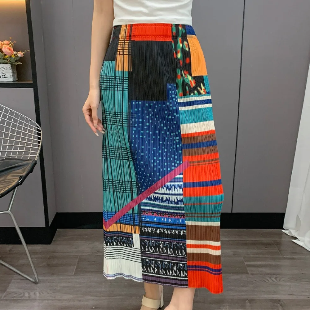 Miyake PleatedPrinted Half Skirt 2025 Summer New Pleats Straight Half Skirt High Waist Loose Fold Skirt  Stylish Resort Wear