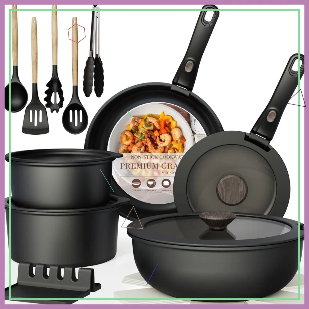 

Non-Stick Ceramic Cookware Set with Removable Handle, Oven & Induction Safe, Stackable Black 21-Piece