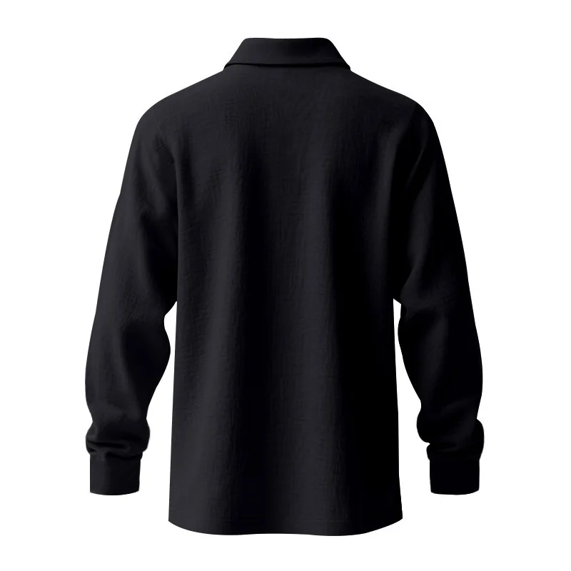 Leinen-Hemd mit Stehkragen und Knopfleiste, Herren Locker Sitzendes Atmungsaktives V-Ausschnitt Langarm-Polohemd – Detail 22