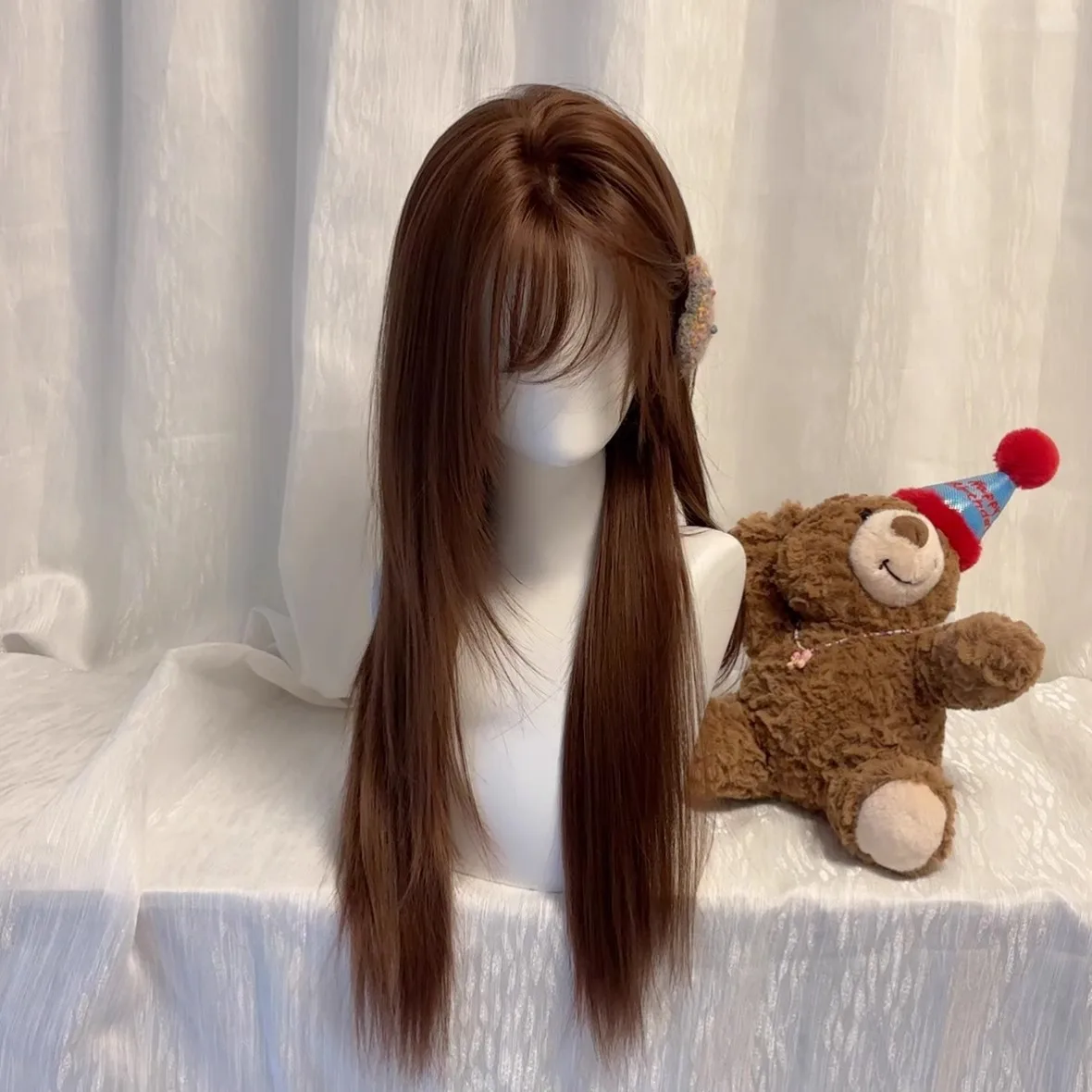 Synthetic Long Straight Wig Natural Look Sweet Bean Style Daily Wear Baby Bangs Cosplay Party Heat Resistant Fiber Hair