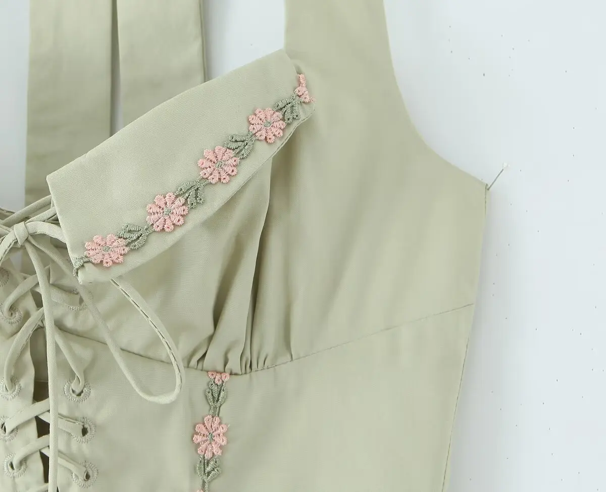 Jenny&Dave French Country Style Lazy Light Green Flower Embroidered Suspender Dress For Women Lace Up Slim Fit Party Dress Women