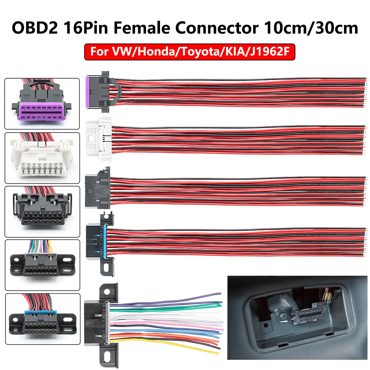

Универсальный 16-контактный разъем OBD2 с фиксированным адаптером жгута проводов «сделай сам», кабель порта приборной панели для J1962F/VW/Hon-da/Toy-ota/KI-A