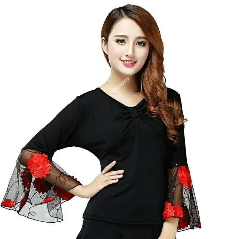 Ballroom Dance Costume Tops Flamenco Blouses Standard Modern Outfits Waltz Latin Salsa Rumba Dancewear Tops Long Sleeves