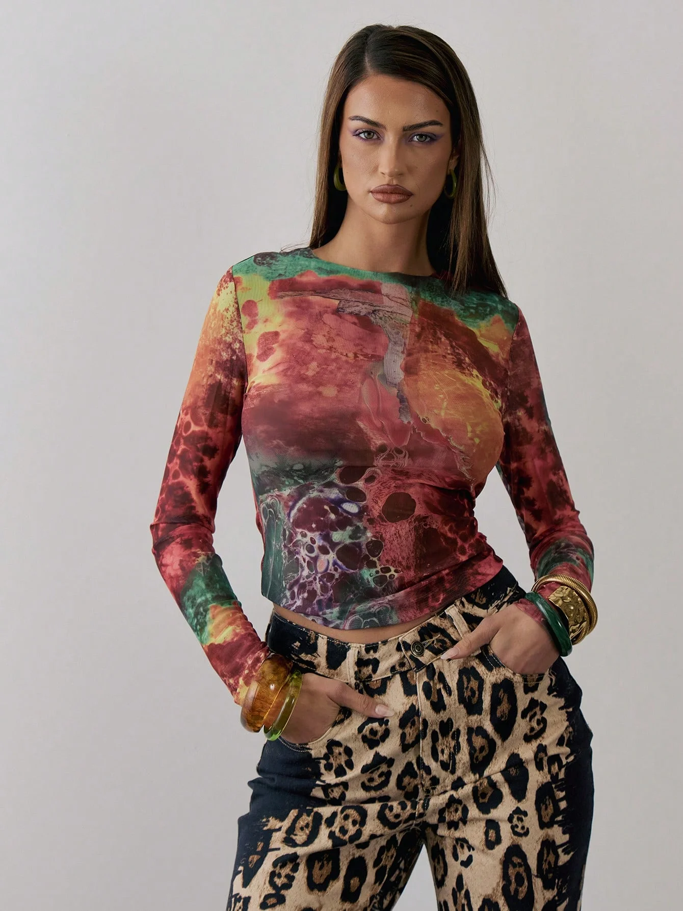 Mesh digital print fitted long-sleeved fitted top holiday spring/summer holiday basic edition women's T-shirt all fashion