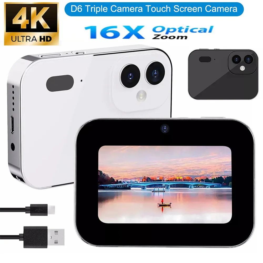 D6 Digital Camera 4K HD Camera 64GB Recorder Music Player Touch Control Screen Vlogging Camera Night Mode 64MP Camcorder