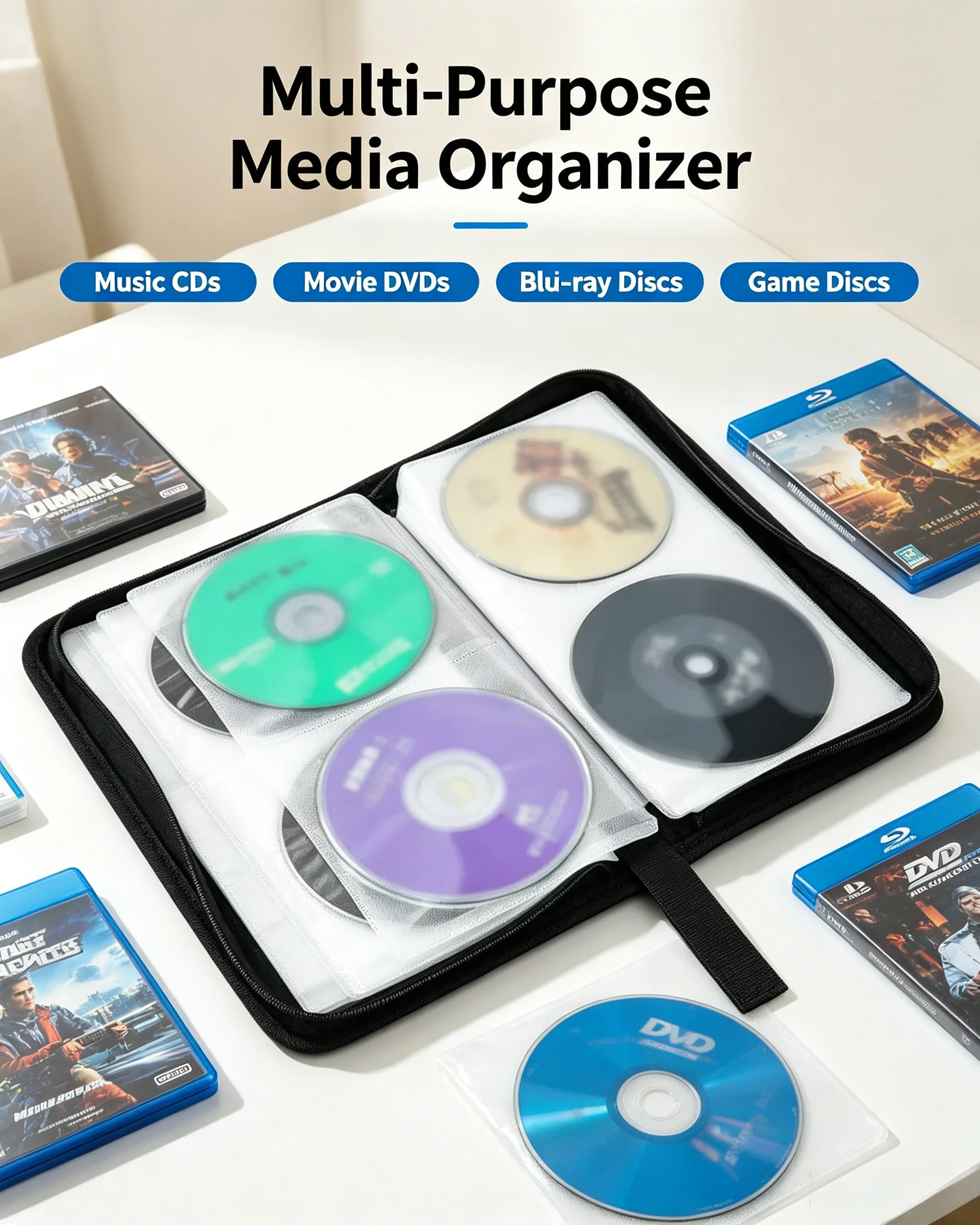 80 Discs CD DVD Storage Wallet Bag Double‑Sided Zipper Media Binder Case Multi‑Purpose Disc Album for Blu‑ray Game Discs