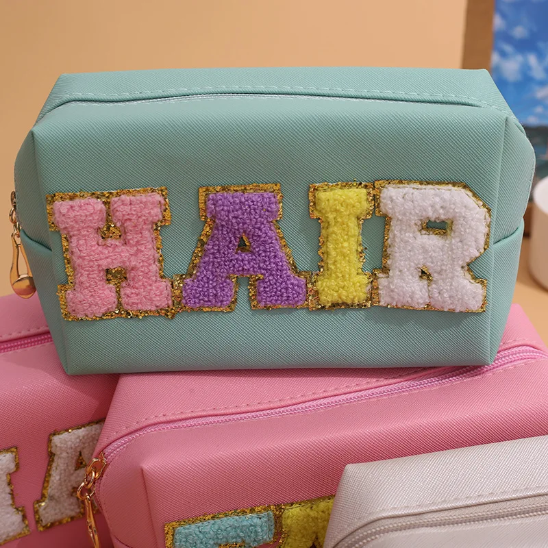 New Chenille Letter Patch Cosmetic Bag FACE Letter Makeup Bag PU Leather Makeup Case for Women Travel Toiletry Storage Organizer