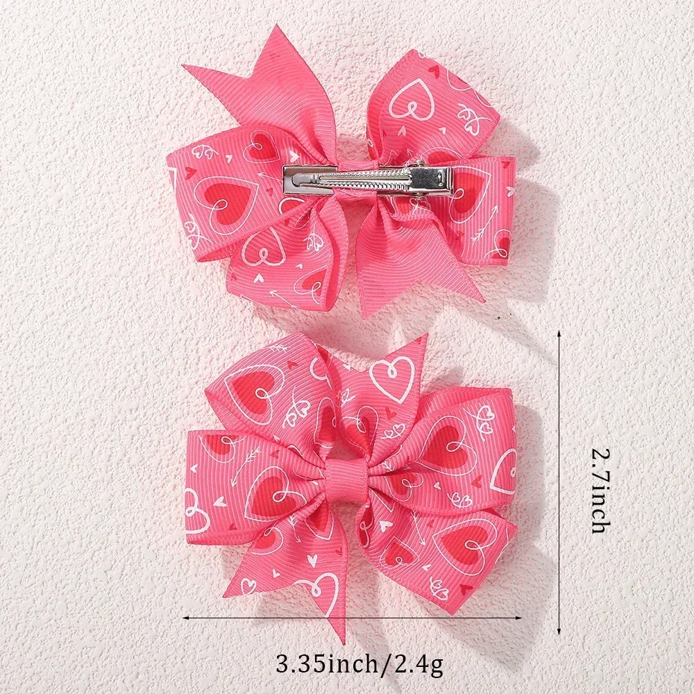 2Pcs/set Valentine's Day Printed Bow Hairclips for Girls Children Ribbon Hair Bows Clip Cheer Up Holiday Gifts Hair Accessories