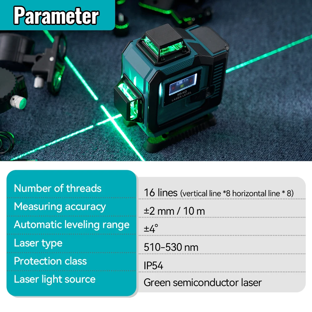 Hormy 4D poziom lasera 16 liniowy poziome i pionowe zielony promień z pilotem 360 ° funkcja automatycznego poziomowania ekranu dotykowego