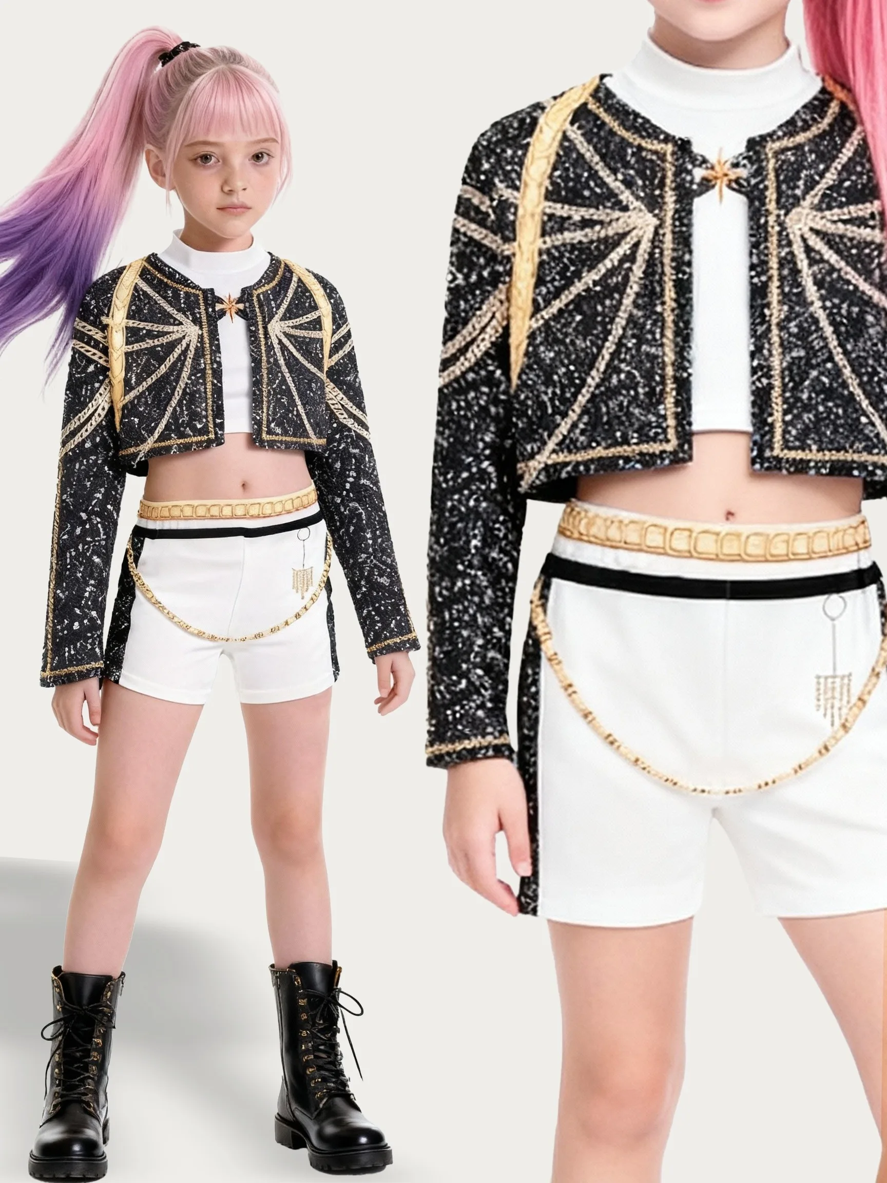 Stretchy Kids Girls Three Piece Performance Suit, Golden Radial Pattern Sparkly Jacket + Crop Undershirt + Decorative Chain Shor