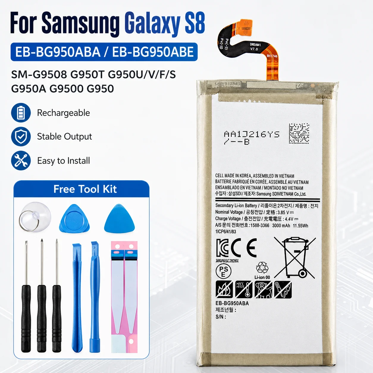 

High Density 3000mAh Lithium Battery EB-BG950ABE EB-BG950ABA for Samsung SM-G950 G950U G950F G950A Repair with Free Tools
