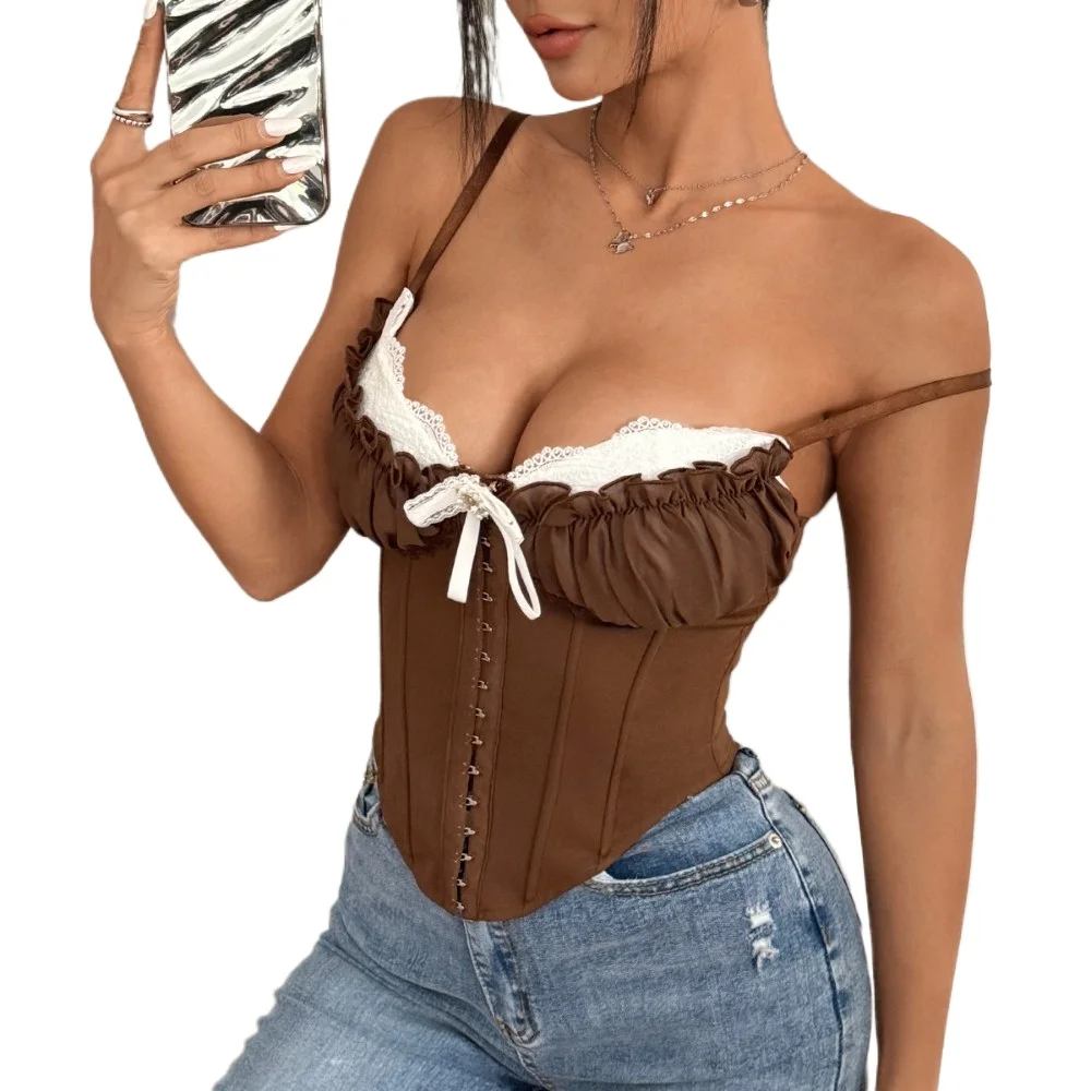 Multi Colors Sexy Perspective Mesh Stitching Lace Bustiers and Corsets with Chest Cushion for Spice Girl Sling Bustier Top Faja