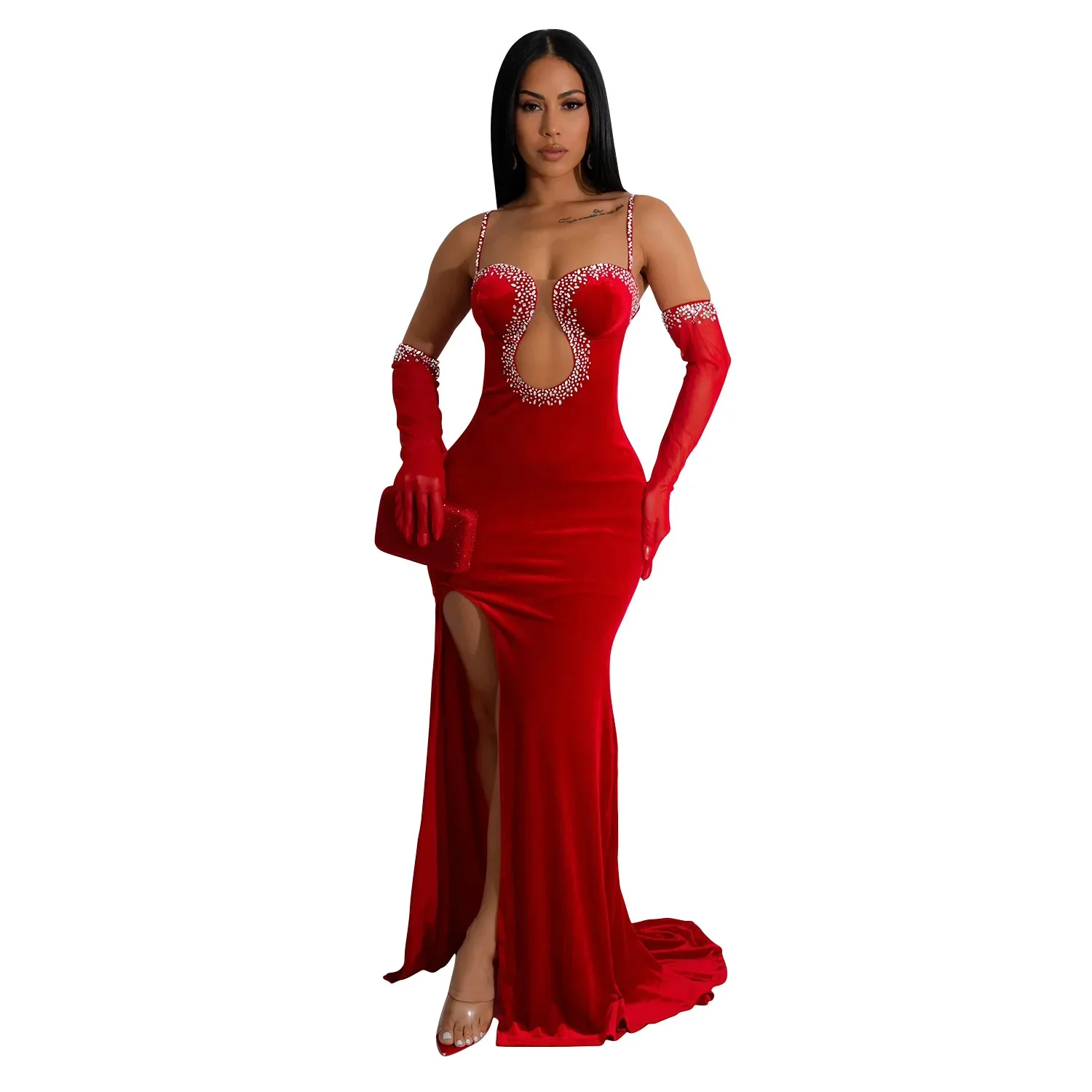 

2024 Beautiful Sexy Strapless V-neck Cut-out Drill with Gloves Floor-length Dress Women Wedding Evening Party Dresses Black