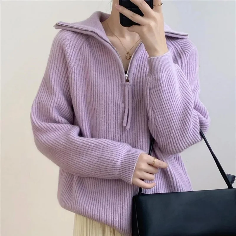 Women Autumn Winter Loose Long Sleeve Knitted Sweater Korean Fashion Half Zipper Turn-down Collar Pullover Sweater Casual Tops