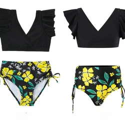 Childrens Beachwear Bikini Set Cute Girls Flower and Leaf Printed Swimsuit Kids Halter Top with Matching Bottoms